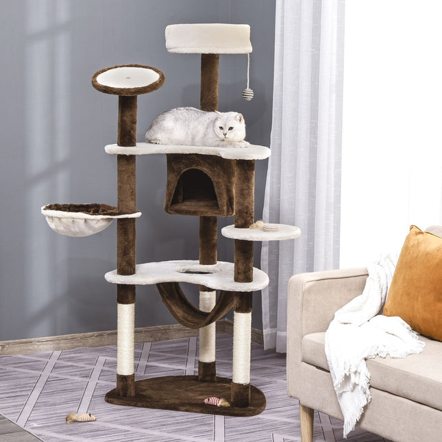 PAWROOM - XXL Multi-level cat tree with hammock and cave, brown