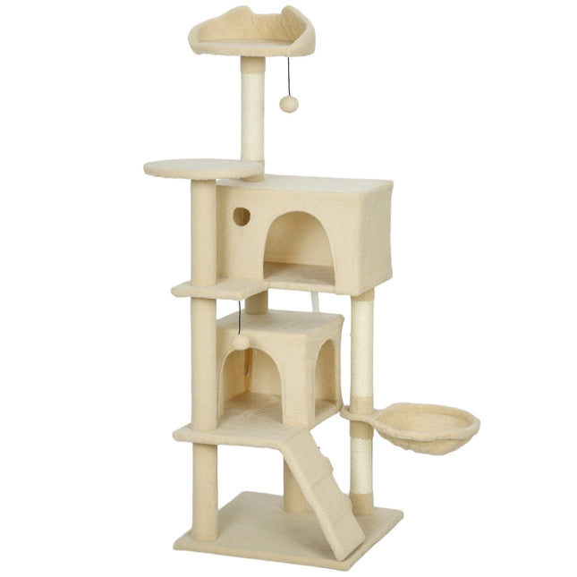 PAWROOM - Cat Tree Tower with Hammock, Ladder, Cave, 140 cm, Beige