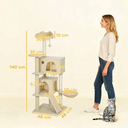 PAWROOM - Kissapuutorni riippumatolla, tikkaat, luola, 140 cm, beige