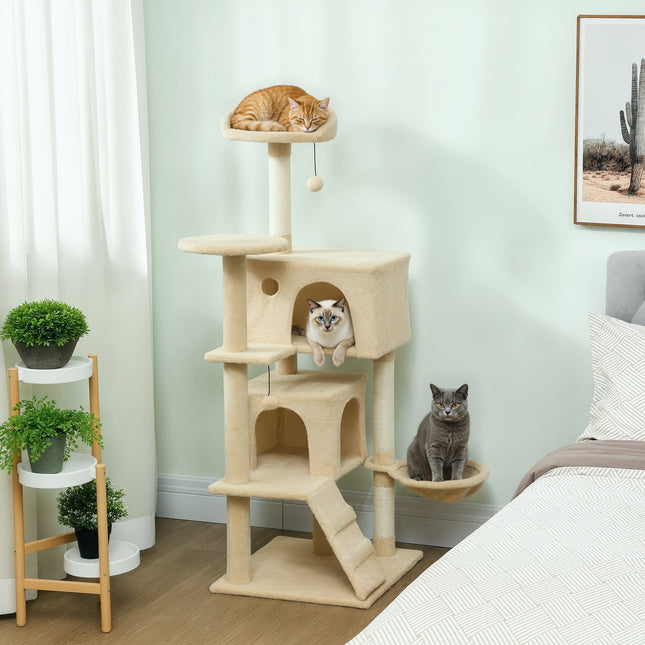 PAWROOM - Cat Tree Tower with Hammock, Ladder, Cave, 140 cm, Beige