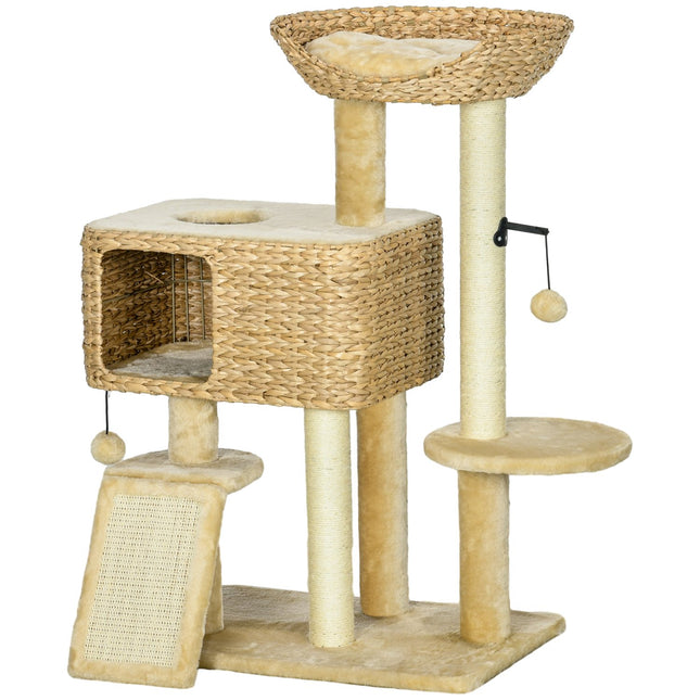 PAWROOM - Kissan raapimispuu 98 cm kissapuu kahdella makuualustalla, kissan raapimispuun leikkipallo kissoille enintään 6 kg, kissan huonekalut, sisaali, beige