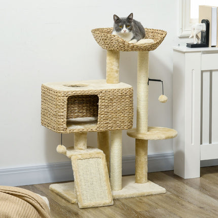 PAWROOM - Kissan raapimispuu 98 cm kissapuu kahdella makuualustalla, kissan raapimispuun leikkipallo kissoille enintään 6 kg, kissan huonekalut, sisaali, beige