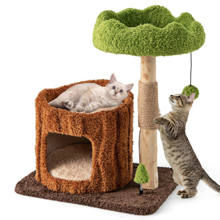 PAWROOM - Kissan raapimispylväs kissapuu kissaluolalla puunreiän muotoinen ruskea + vihreä 60 x 46 x 73 cm