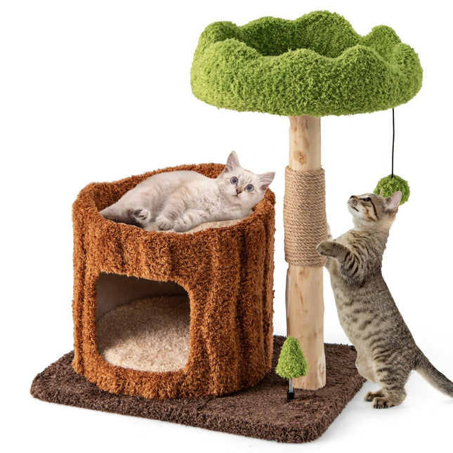 PAWROOM - Kissan raapimispylväs kissapuu kissaluolalla puunreiän muotoinen ruskea + vihreä 60 x 46 x 73 cm