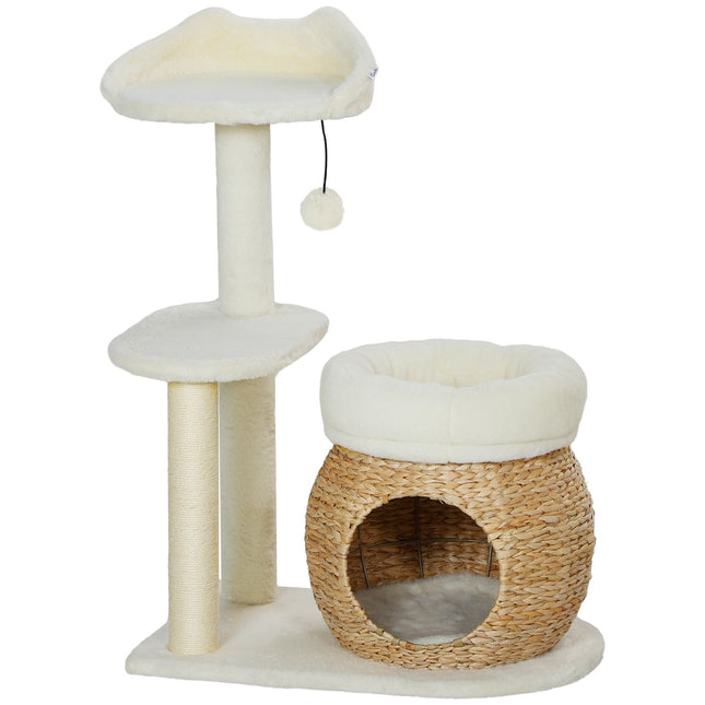 PAWROOM - Raapimispylväs 79 cm kissapuu kissaluolalla, sänky, leikkipallot, kissan raapimispuu sisalilla, kissoille enintään 5 kg, kermanvalkoinen