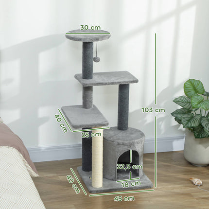PAWROOM - Kissanpuu 103 cm tasoilla ja sisalpylväillä, harmaa
