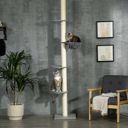 PAWROOM - Kissan Raapimistolppa Kattokorkeus 230-250 Cm, Riippumatolla, Korkeussäädettävä, Harmaa + Kermanvalkoinen
