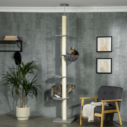 PAWROOM - Kissan Raapimistolppa Kattokorkeus 230-250 Cm, Riippumatolla, Korkeussäädettävä, Harmaa + Kermanvalkoinen
