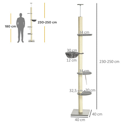 PAWROOM - Kissan Raapimistolppa Kattokorkeus 230-250 Cm, Riippumatolla, Korkeussäädettävä, Harmaa + Kermanvalkoinen
