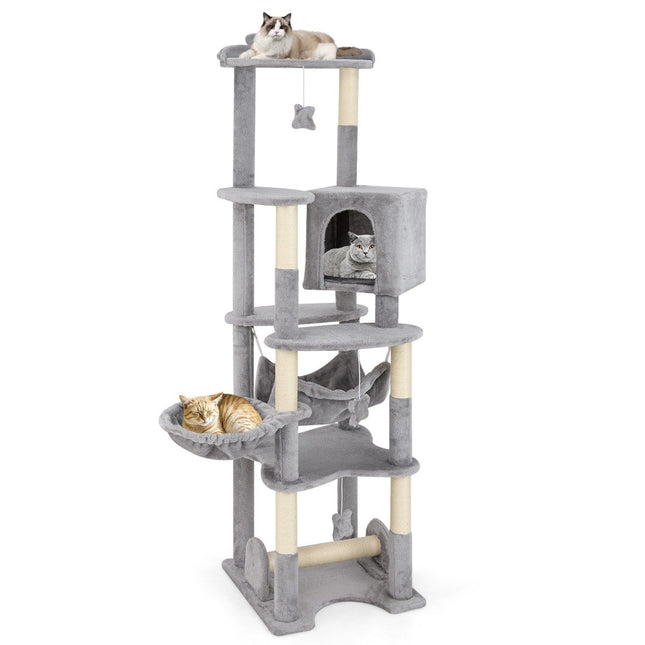 PAWROOM - 176 cm wooden scratching post with cave & basket bed & hammock & sisal post cat tree
