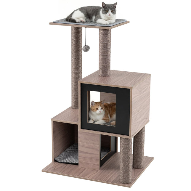 PAWROOM - Kissapuutorni sisalpylväillä, 2 luolaa, 94 cm, harmaa