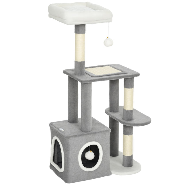 PAWROOM - Cat Tower with Cave, Sisal Posts, Plush Balls, 107 cm, Gray