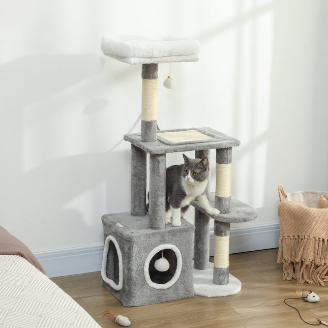 PAWROOM - Cat Tower with Cave, Sisal Posts, Plush Balls, 107 cm, Gray
