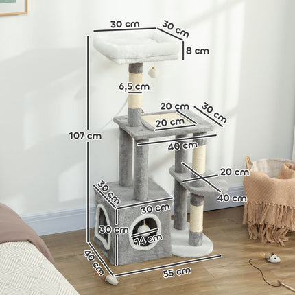 PAWROOM - Kissatorni luolalla, sisalpylväät, pehmopallot, 107 cm, harmaa