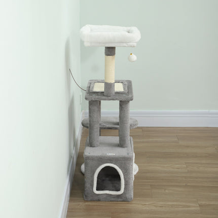PAWROOM - Kissatorni luolalla, sisalpylväät, pehmopallot, 107 cm, harmaa