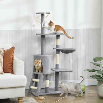 PAWROOM - Kissan kiipeilypuu luolalla, sisalpylväät, lelut, kissoille alle 5 kg, harmaa