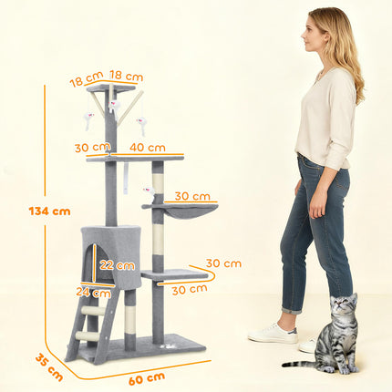 PAWROOM - Kissan kiipeilypuu luolalla, sisalpylväät, lelut, kissoille alle 5 kg, harmaa