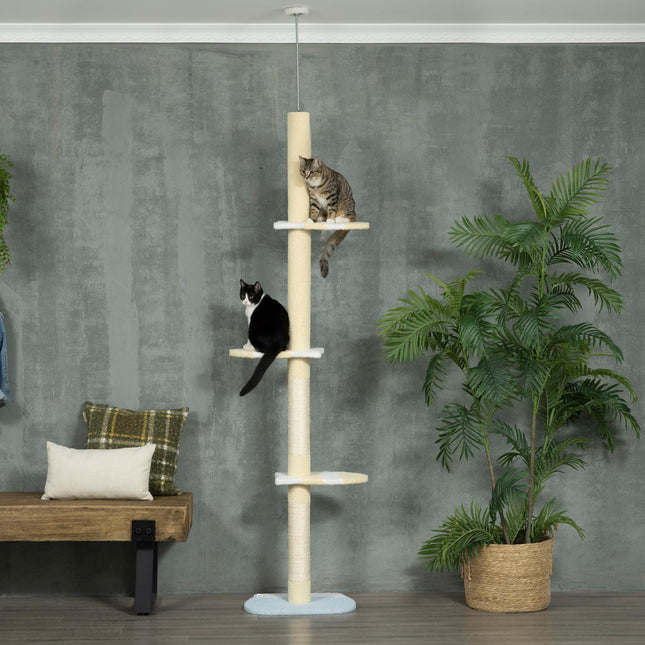 PAWROOM - Raapimispuu, kissan raapimistolppa kattokorkeus, 220-260 cm, kiipeilypuu leikkipallolla, kissapuun korkeus säädettävissä, leikkipuu kärkisuojalla, pehmo, keltainen