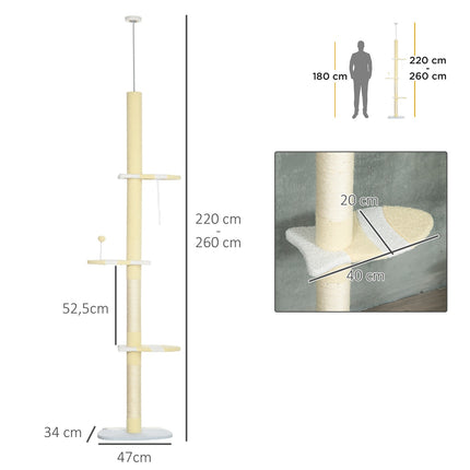 PAWROOM - Raapimispuu, kissan raapimistolppa kattokorkeus, 220-260 cm, kiipeilypuu leikkipallolla, kissapuun korkeus säädettävissä, leikkipuu kärkisuojalla, pehmo, keltainen