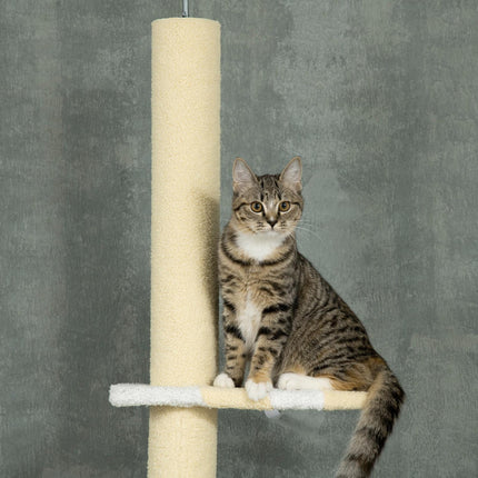 PAWROOM - Raapimispuu, kissan raapimistolppa kattokorkeus, 220-260 cm, kiipeilypuu leikkipallolla, kissapuun korkeus säädettävissä, leikkipuu kärkisuojalla, pehmo, keltainen