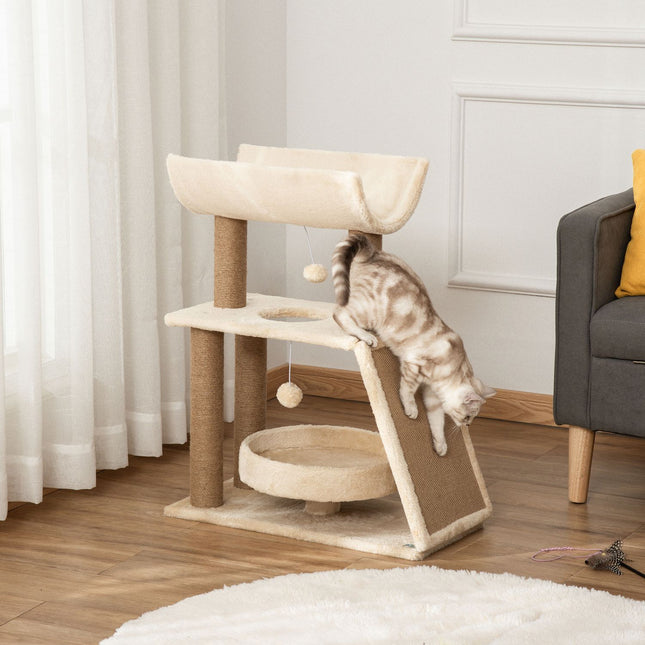 PAWROOM - Kissan Raapimispylväs Pieni 76 Cm, Leikkipallo Ja Istuin, Sisäkiipeilytorni, Sänky Ja Raapimislauta, Vaaleanruskea, Jopa 5 Kg