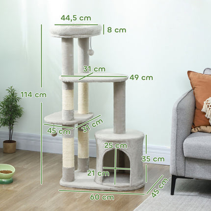PAWROOM - Cat Tower 114 cm, Sisal Posts, Multi-Level, Light Grey