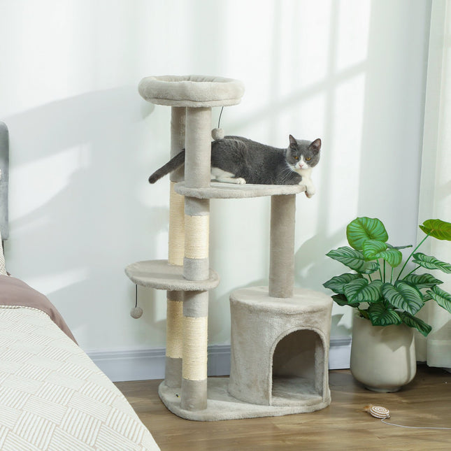 PAWROOM - Kissatorni 114 cm, sisalpylväät, monitasoinen, vaaleanharmaa