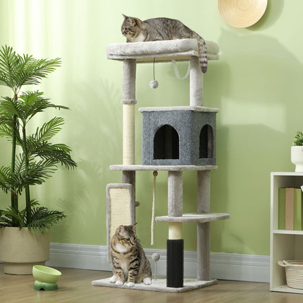 PAWROOM - Raapimispylväs 132 cm kissapuu kissaluolalla, leikkipallo, kissan raapimispuu sisalilla, kissoille enintään 6 kg, vaaleanharmaa