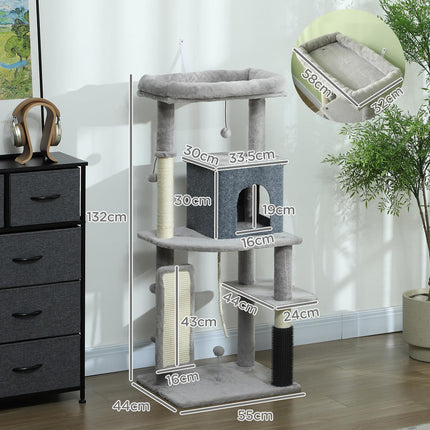 PAWROOM - Raapimispylväs 132 cm kissapuu kissaluolalla, leikkipallo, kissan raapimispuu sisalilla, kissoille enintään 6 kg, vaaleanharmaa