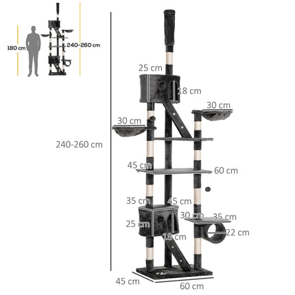 PAWROOM - Kissanpuu Raapimispylväs Kissa Raapimispylväs Kiipeilypuu Kissa Sisal Katto Korkea (Korkeus Säädettävissä 240-260Cm) Tummanharmaa