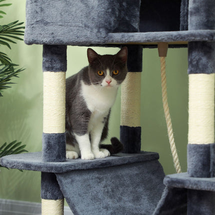 PAWROOM - Kissapuu 206 cm kissatorni luolalla, 2 leikkipalloa, sisalpylväät, taso suurille kissoille, tummanharmaa