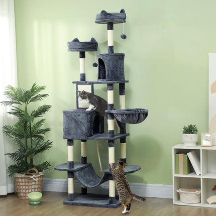 PAWROOM - Kissapuu 206 cm kissatorni luolalla, 2 leikkipalloa, sisalpylväät, taso suurille kissoille, tummanharmaa
