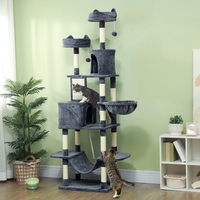 PAWROOM - Kissapuu 206 cm kissatorni luolalla, 2 leikkipalloa, sisalpylväät, taso suurille kissoille, tummanharmaa