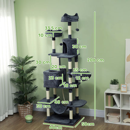 PAWROOM - Kissapuu 206 cm kissatorni luolalla, 2 leikkipalloa, sisalpylväät, taso suurille kissoille, tummanharmaa