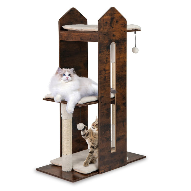 PAWROOM - Kissanpuu sisalpylväillä ja roikkuvilla palloilla, 120 cm, ruskea