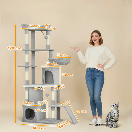 PAWROOM - Cat Tree with Tunnel, Caves, Sisal Posts, 170 cm, Light Gray