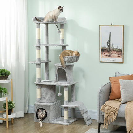 PAWROOM - Cat Tree with Tunnel, Caves, Sisal Posts, 170 cm, Light Gray
