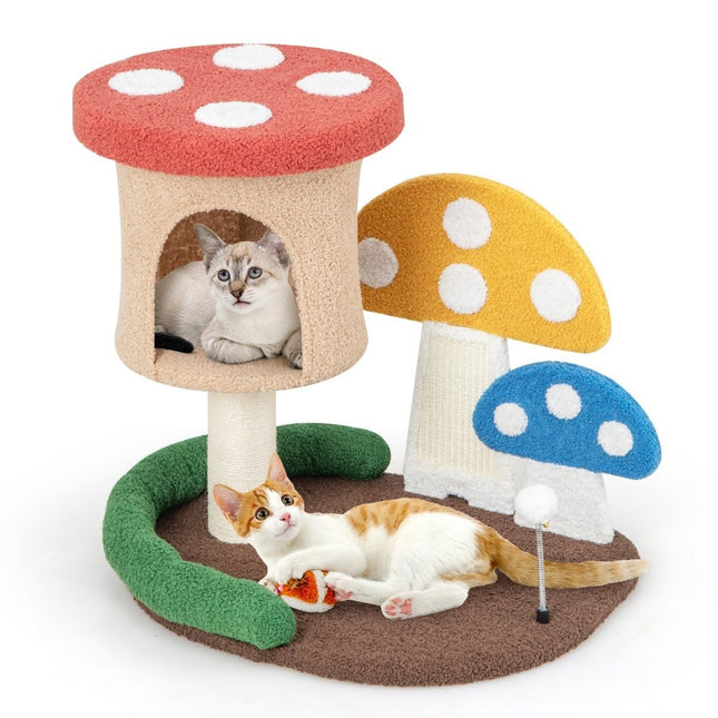 PAWROOM - Scratching post in mushroom look cat tree with cat cave & sisal scratching board & large base & play ball 60 x 49 x 59 cm