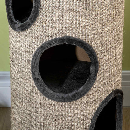 PAWROOM - Raapimispiippupeli Ja Raapimispiippu Kissoille 3 Luolalla, Valmistettu Sisalista & Pehmoista, Harmaa, Ø38X70Cm