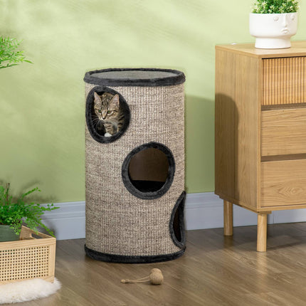 PAWROOM - Raapimispiippupeli Ja Raapimispiippu Kissoille 3 Luolalla, Valmistettu Sisalista & Pehmoista, Harmaa, Ø38X70Cm
