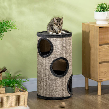 PAWROOM - Raapimispiippupeli Ja Raapimispiippu Kissoille 3 Luolalla, Valmistettu Sisalista & Pehmoista, Harmaa, Ø38X70Cm