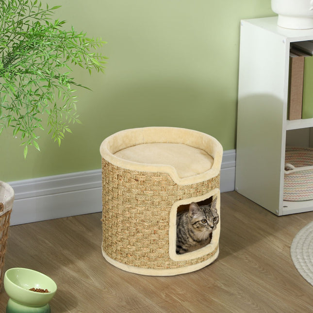 PAWROOM - Raapimistynnyri, 37 cm korkea kissapiippu ovella, raapimispylväs 2 tasolla, sisalista valmistettu kissatorni, kissoille 5 kg, khaki