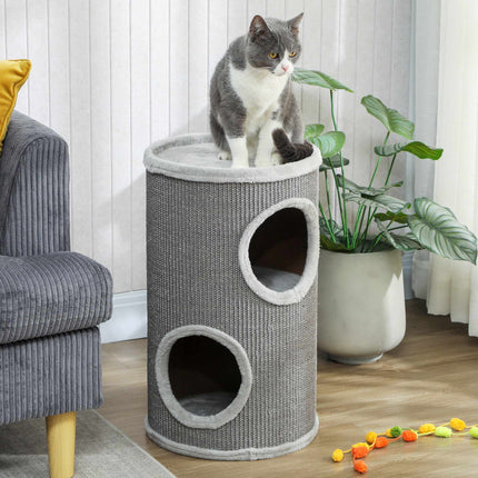 PAWROOM - Cat Scratching Tower, 2 Levels, Sisal & Plush, Light Grey