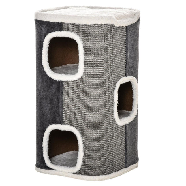 PAWROOM - Kissanpuun Raapimispiippu 3 Tasoa, Lastulevy, Samettinen Polyesteri, Sisal, Harmaa + Valkoinen, 40X40X74Cm