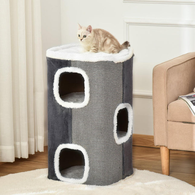PAWROOM - Kissanpuun Raapimispiippu 3 Tasoa, Lastulevy, Samettinen Polyesteri, Sisal, Harmaa + Valkoinen, 40X40X74Cm