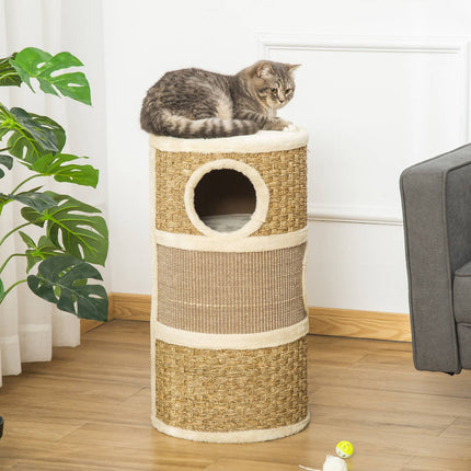PAWROOM - Kissan Raapimistanko, Raapimispiippu, 3 Tasoa, Sisal-Pehmo, 37,5X37,5X70Cm