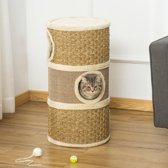 PAWROOM - Kissan Raapimistanko, Raapimispiippu, 3 Tasoa, Sisal-Pehmo, 37,5X37,5X70Cm