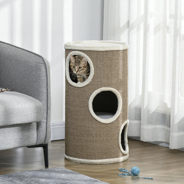 PAWROOM - Raapimispiippu, korkeus 70 cm, leikkitynnyri kissoille, 3 tasoa, kissan raapimispylväs 3 luolalla, kissapuu, raapimistorni, sisal, pehmo