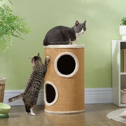 PAWROOM - Raapimistynnyri, 60 cm korkea kissan tynnyri 2 luolalla, raapimispylväs, sisalista valmistettu kissatorni, kissoille enintään 5 kg, ruskea