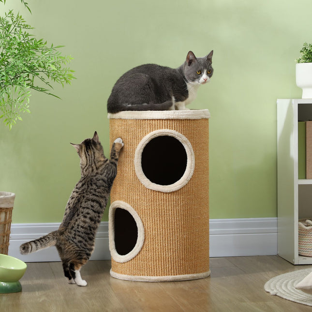 PAWROOM - Raapimistynnyri, 60 cm korkea kissan tynnyri 2 luolalla, raapimispylväs, sisalista valmistettu kissatorni, kissoille enintään 5 kg, ruskea